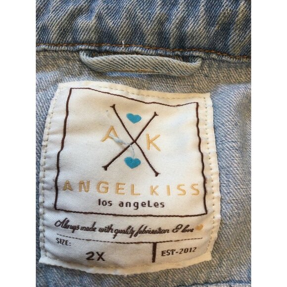 Women's Denim Jean Trucker Jacket Embroidered Stars Distressed Size 2X Angel Kis - Picture 5 of 7